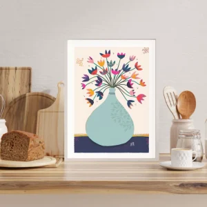 Affiche fleurs : Bouquet au vase bleu clair